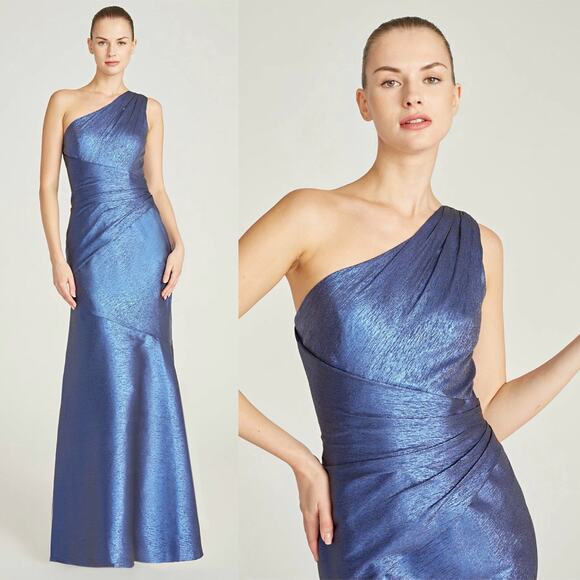 Theia One Shoulder Ruched Gown Sail Blue Silk Metallic Formal Wedding Size 2 - Picture 2 of 14